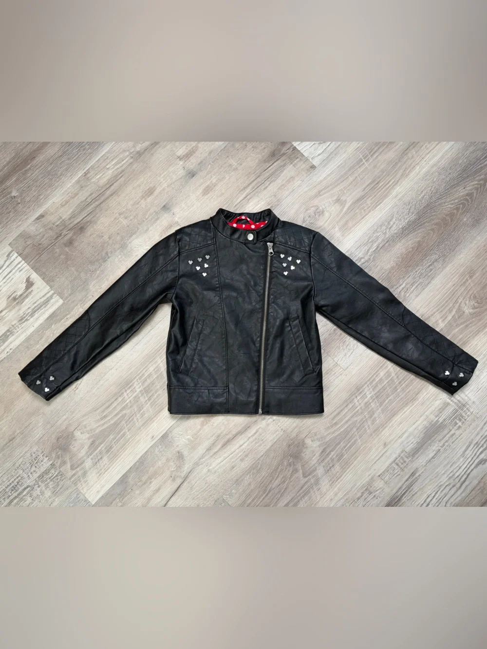 Disney Store Minnie Mouse Girls Faux Leather Moto Jacket Size 5/6 Black Studded